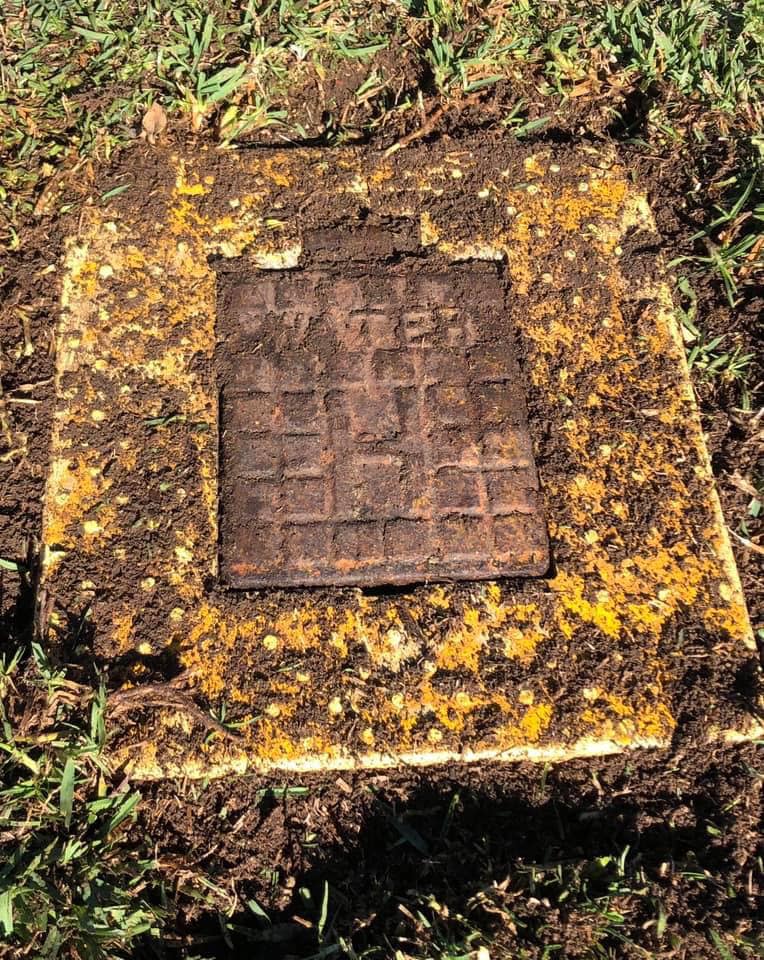 Pictured is a yellow hydrant in the grass with dirt slightly covering it. 