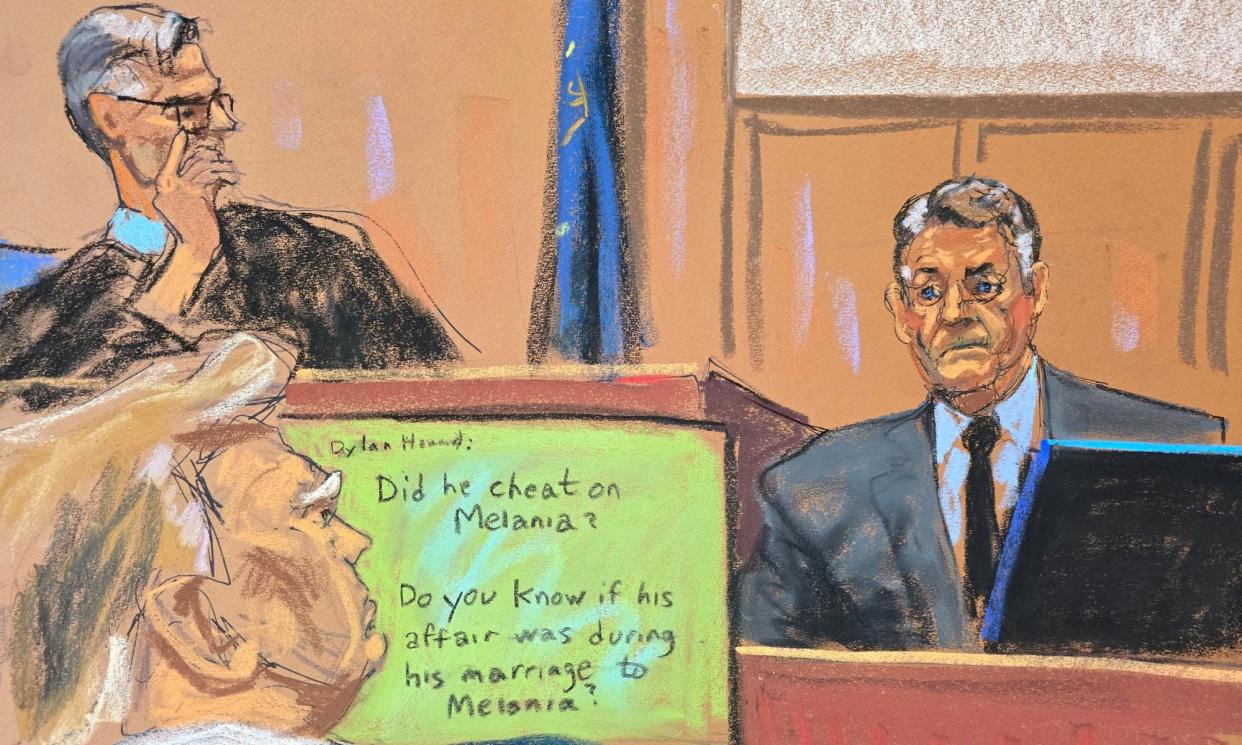 <span>A courtroom sketch depicts Keith Davidson showing correspondence with Dylan Howard as Donald Trump listens in New York City on 30 April.</span><span>Photograph: Jane Rosenberg/Reuters</span>