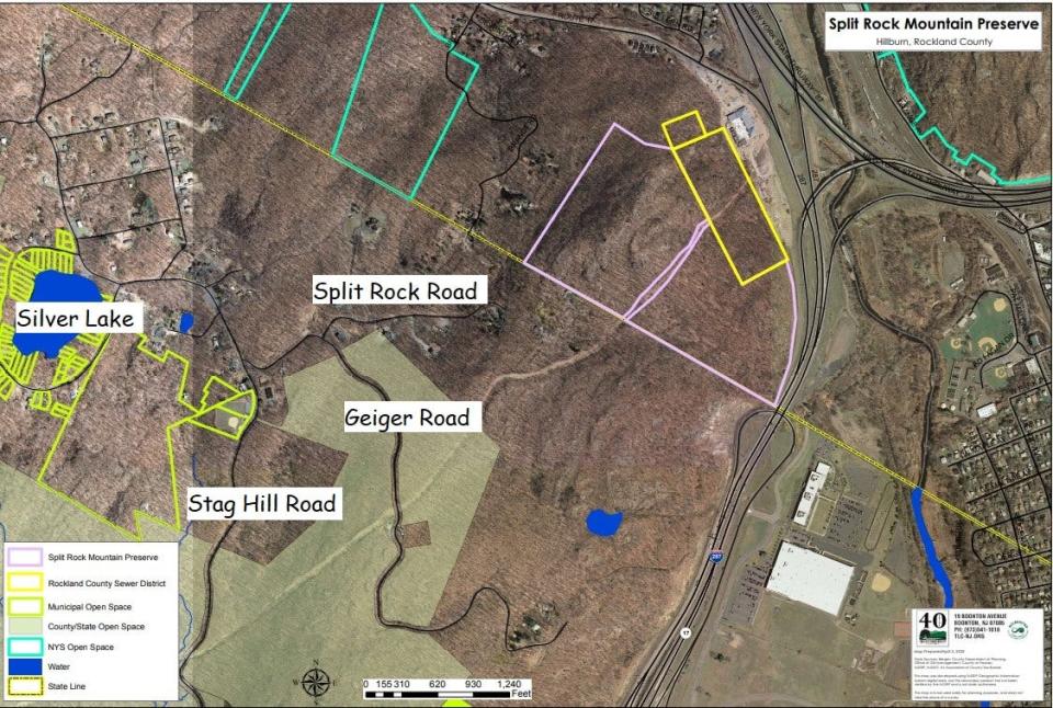 The 54-acre donated site including Split Rock (purple) straddles Hillburn and Ramapo in neighboring New York, but access is a half-mile trail off Split Rock Road in Mahwah.