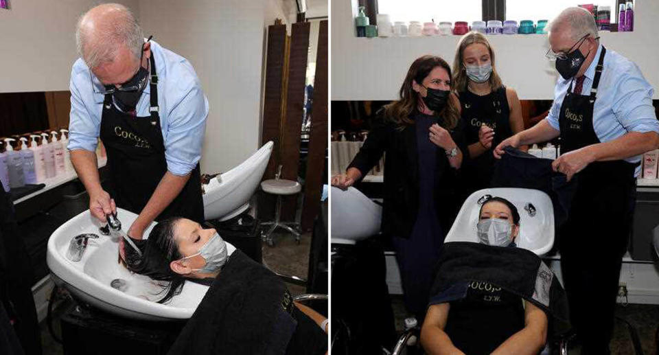 Prime Minister Scott Morrison washes a woman’s hair during a visit to Coco’s Salon in Mount Eliza, Victoria