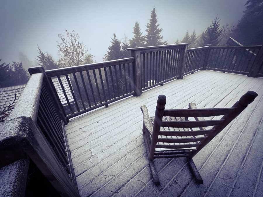 A photo of the first snow of Autum at LeConte Lodge on October 15, 2023. (Courtesy of LeConte Lodge)