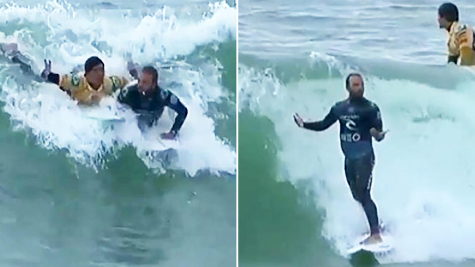 Gabriel Medina and Caio Ibelli, picture here colliding at the Rip Curl Pro. Image: WSL