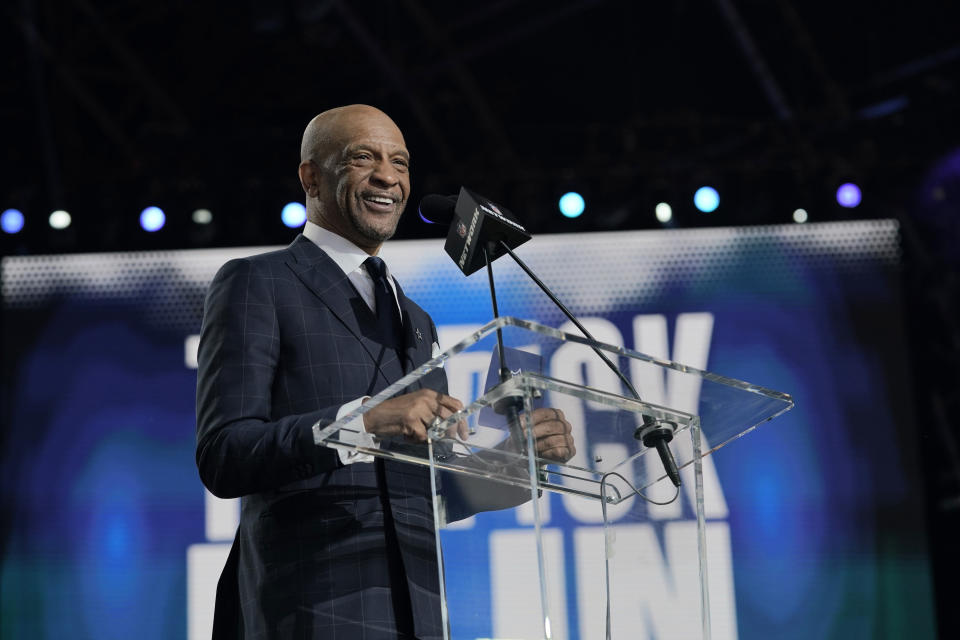 FILE - Drew Pearson announces the Dallas Cowboys pick during the second round of the NFL Draft on Friday, April 30, 2021, in Cleveland. Pearson is headed to the Pro Football Hall of Fame as part of the class of 2021 after the disappointment of not getting in a year earlier. The former Cowboys receiver joins 1970s-era offensive teammates Roger Staubach and Tony Dorsett in the hall. (AP Photo/Steve Luciano, file)