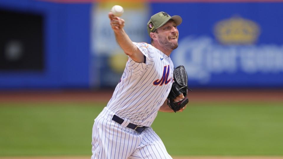 May 21, 2023;  New York City, NY, USA;  New York Mets pitcher Max Scherzer (21) delivers a pitch against the Cleveland Guardians during the first inning.