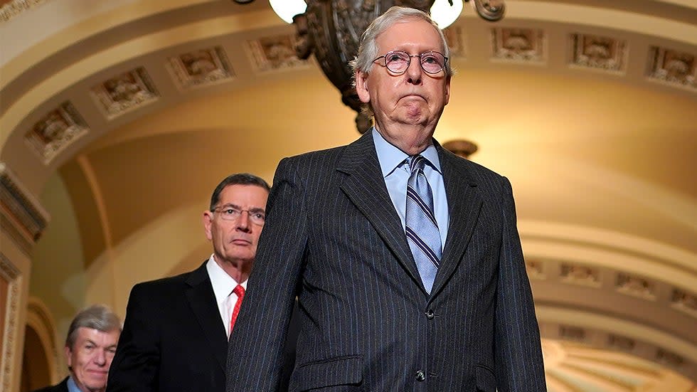 Minority Leader Leader Mitch McConnell (R-Ky.) arrives for a press conference after the weekly policy luncheon on Tuesday, December 7, 2021.