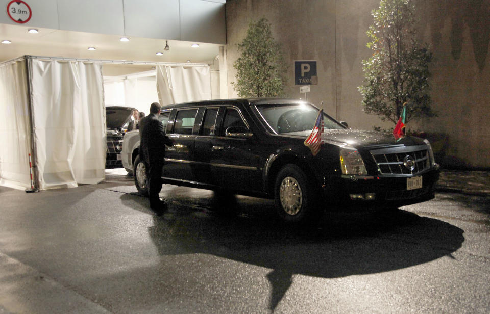 One of U.S. President Barack Obama's limousine sits outside the President's hotel in Lisbon, Portugal, Friday, Nov. 19, 2010. Portuguese media seems fascinated by Obama's limousine, a sleek, armored car they've dubbed Cadillac One. Also known in Washington as "The Beast", because of its extra-thick doors and huge tires, Noticias magazine called the limousine a "bunker on wheels", and Sabado magazine calculated that the gas-guzzling Cadillac cost more than three times the Portuguese president's unarmored car. (AP Photo/Pablo Martinez Monsivais)