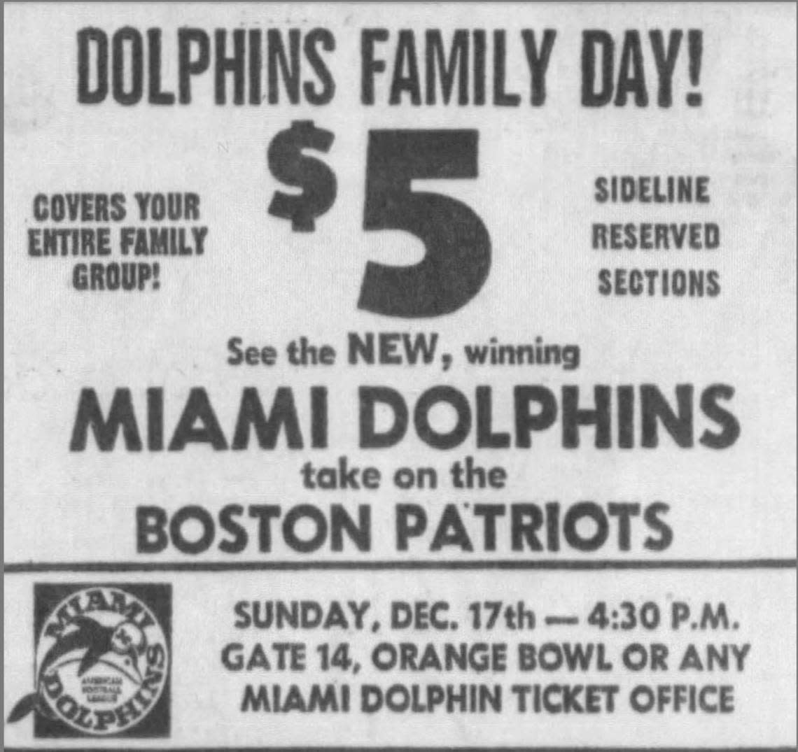 An ad in the Miami News during the 1967 Miami Dolphins season. Ticket prices remained low during the 1972 undefeated season, with single game tickets as low as $6 and season tickets for $60.