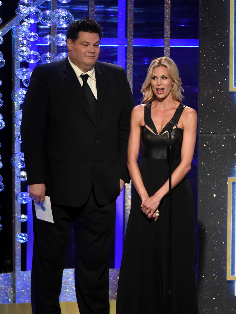 BEVERLY HILLS, CA - JUNE 22: TV personalities Mark Labbett (L) and Brooke Burns speak onstage during The 41st Annual Daytime Emmy Awards at The Beverly Hilton Hotel on June 22, 2014 in Beverly Hills, California. (Photo by Michael Buckner/Getty Images)