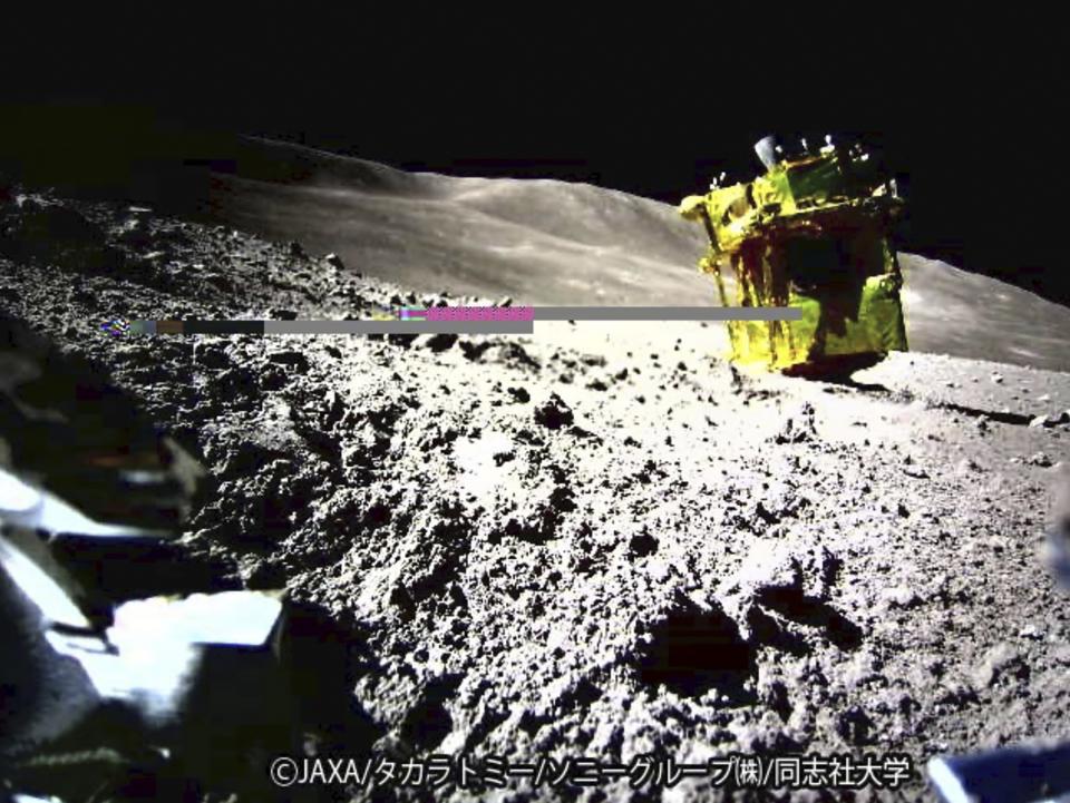FILE- This image provided by the Japan Aerospace Exploration Agency (JAXA)/Takara Tomy/Sony Group Corporation/Doshisha University shows an image taken by a Lunar Excursion Vehicle 2 (LEV-2) of a robotic moon rover called Smart Lander for Investigating Moon, or SLIM, on the moon. (JAXA/Takara Tomy/Sony Group Corporation/Doshisha University via AP, File)