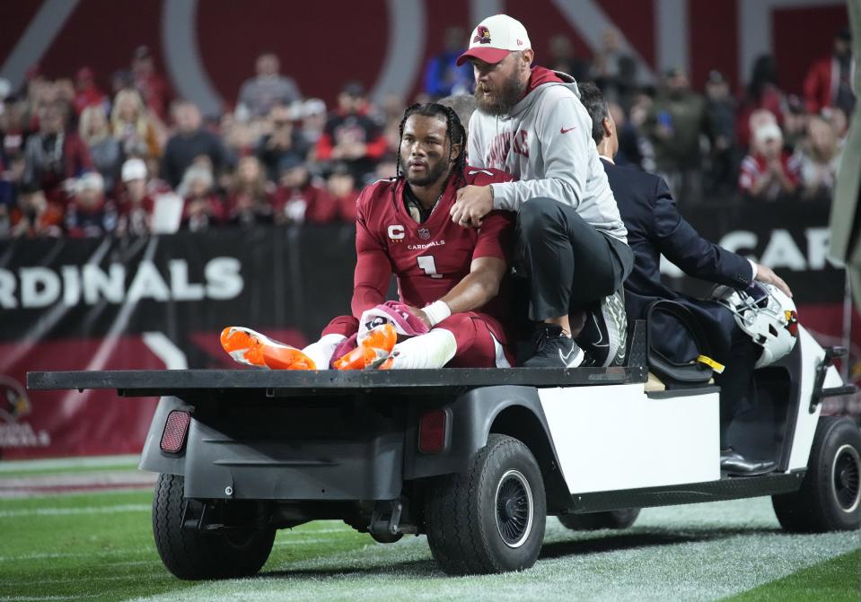 Dec 12, 2022; Glendale, Ariz., USA;  Arizona Cardinals quarterback Kyler Murray (1) is carted off after an injury against the New England Patriots during the first quarter at State Farm Stadium. Mandatory Credit: Michael Chow-Arizona Republic