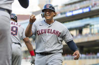 Cleveland Guardians' Josh Naylor celebrates after hittting a two-run homer against the Minnesota Twins in the second inning of a baseball game Tuesday, June 21, 2022, in Minneapolis. (AP Photo/Andy Clayton-King)