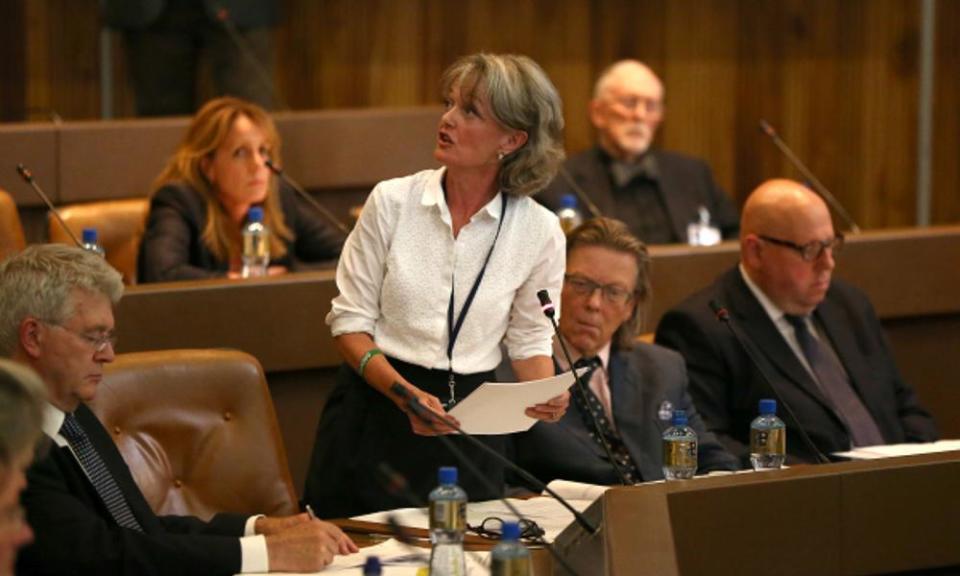 Council leader Elizabeth Campbell is heckled at a meeting about Grenfell Tower on 19 July 2017