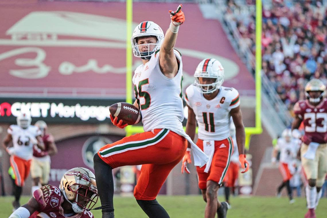 Miami Hurricanes tight end Will Mallory (85) signals a first down in the first half at Doak Campbell Stadium in Tallahassee on Saturday, November 13, 2021