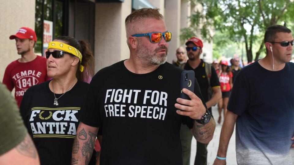 Joe Biggs (center) leaves after participating in a “Demand Free Speech” rally on Freedom Plaza on July 6, 2019 in Washington, DC. (Photo by Stephanie Keith/Getty Images)