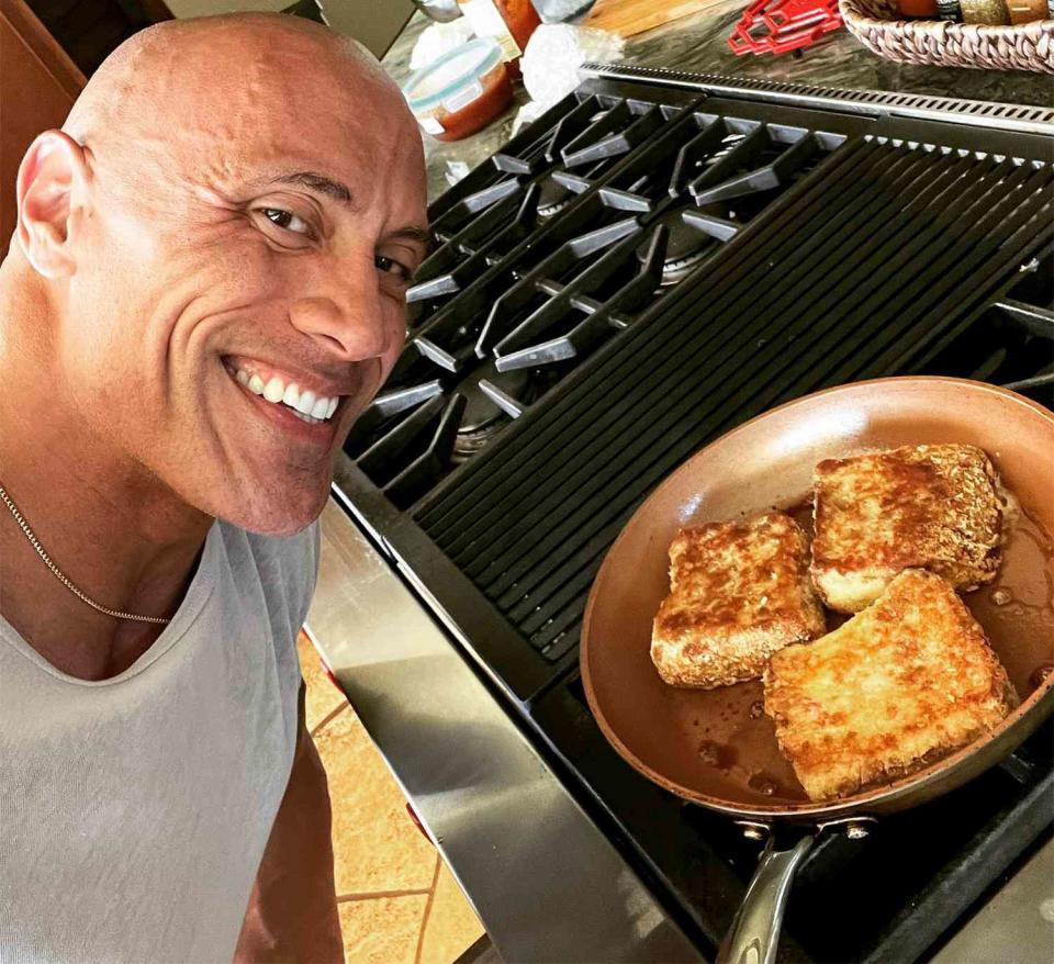 <p>The actor and wrestling star has a regimented fitness routine, but loves a cheat day. On March 7, that was some oversized crusted french toast (or in Johnson's case, some normal-sized french toast). "Seconds away from being ready with my "f--- yeah" smile 😊😈," he wrote on Instagram, calling himself the "Cheat meal king."</p> <p><a href="https://www.instagram.com/explore/tags/zerochanceofsurvival%25F0%259F%2592%2580/" rel="nofollow noopener" target="_blank" data-ylk="slk:"#zerochanceofsurvival💀";elm:context_link;itc:0;sec:content-canvas" class="link ">"#zerochanceofsurvival💀"</a> he said. </p>