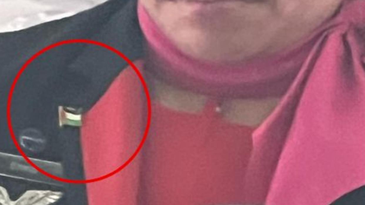 Jewish community leaders are calling for a Qantas flight attendant to be sacked after she was seen wearing a pin of the Palestinian flag on a domestic flight. Picture: X