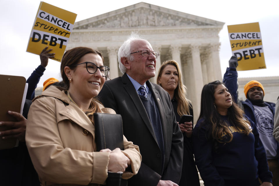 Sen. Bernie Sanders, I-Vt., attends a rally for student debt relief advocates outside the Supreme Court on Capitol Hill in Washington, Tuesday, Feb. 28, 2023, as the court hears arguments over President Joe Biden's student debt relief plan. (AP Photo/Patrick Semansky)