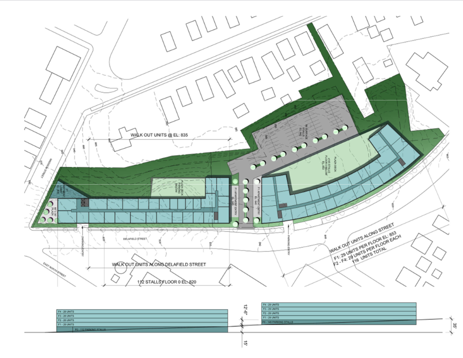 Mandel Group has a concept in mind for a three-block stretch of Delafield Street from Madison Street and toward Waukesha City Hall. The Common Council recently voted to allow the concept, featuring a total of 228 apartment units in two four-story buildings, to advance to a planning stage as the city negotiates the sale of four parcels to Mandel.