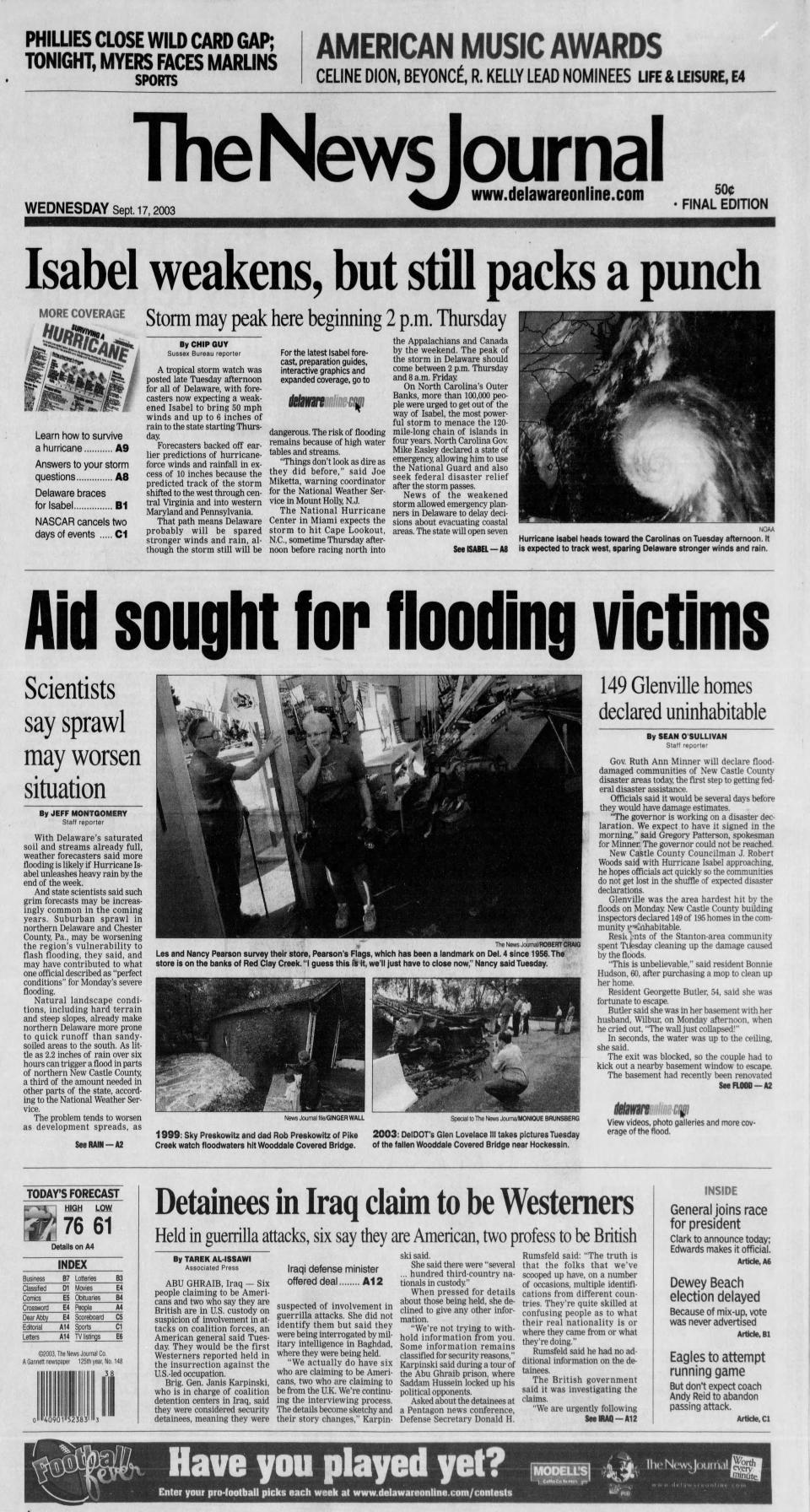 The front page of The News Journal from Sept. 17, 2003.