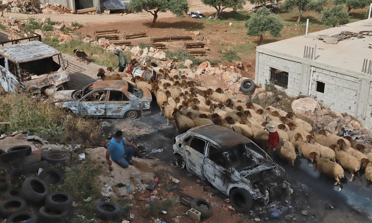 <span>Sheep pass cars torched by Israeli settlers at the Palestinian village of al-Mughayyir in the West Bank.</span><span>Photograph: Quique Kierszenbaum/The Observer</span>