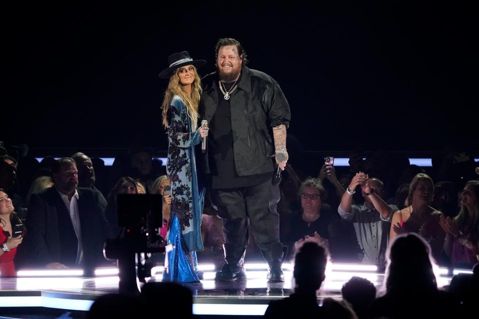 Lainey Wilson and Jelly Roll perform during the 58th ACM Awards at the Ford Center at the Star in Frisco Texas, on Thursday, May 11, 2023.