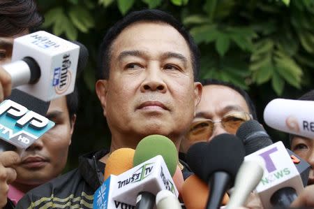 Thai national police chief Somyot Pumpanmuang speaks to media at the site where a suspect of the recent Bangkok blast was arrested, in Bangkok, August 29, 2015. REUTERS/Chaiwat Subprasom
