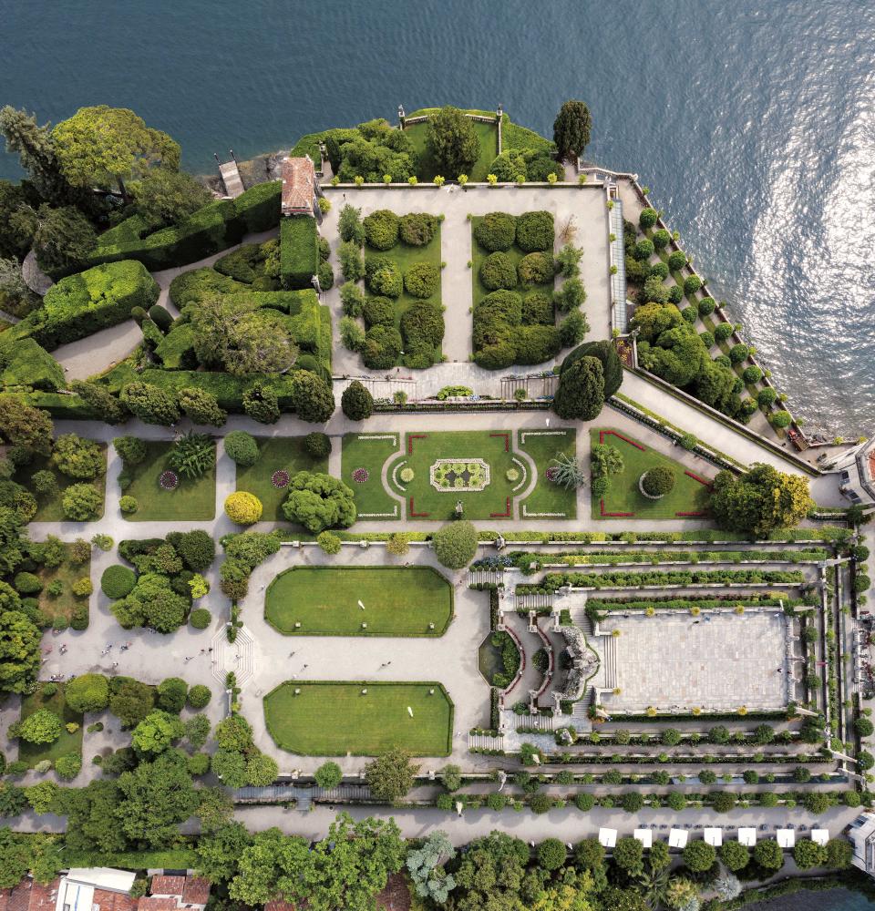 An aerial view of the gardens on Isola Bella, Italy.