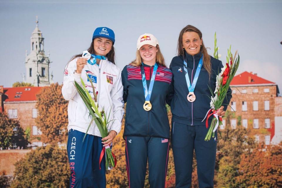 Evy Leibfarth stands on top of the podium in Krakow, Poland, for her win in the women under 23 kayak event at the International Canoe Federation’s 2023 Junior and Under 23 Canoe Slalom World Championships.