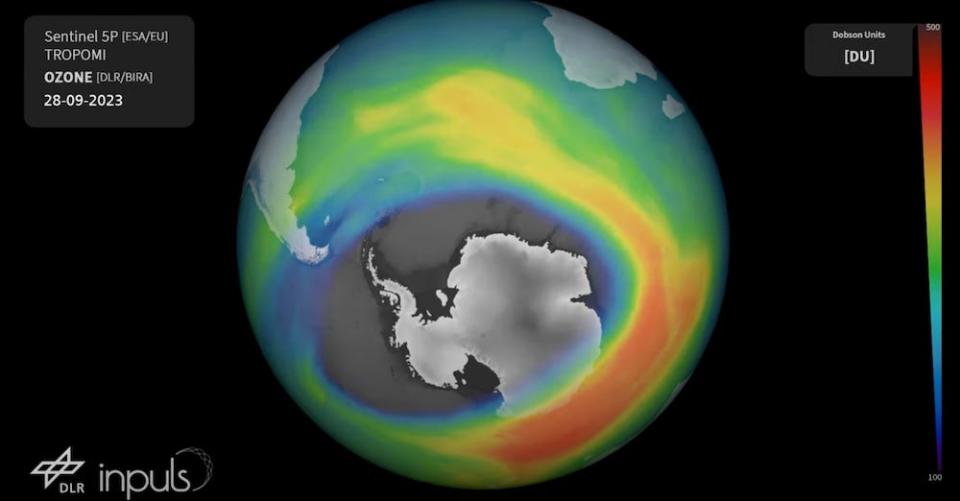 A still from a European Space Agency video showing a multicoloured visualization of the ozone layer over the earth's globe, with Antarctica visible through a massive hole, as of September 28, 2023.