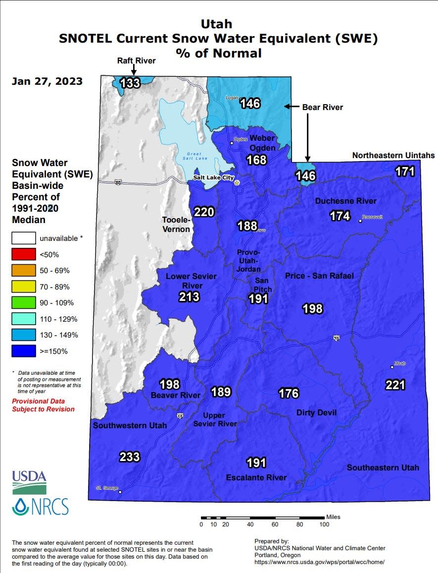 A wet, snowy winter has left Utah at about 200% of normal for this time of year with its measurement of "snow water equivalent", the amount of water stored up in snowfall. Officials say they hope the numbers hold up and help to combat the drought conditions that have plagued the state for years.