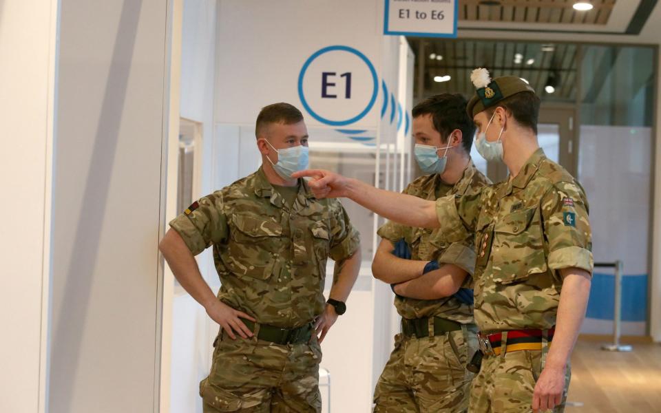 Military personnel, who are assisting with the vaccination programme, at the Royal Highland Showground near Edinburgh - PA