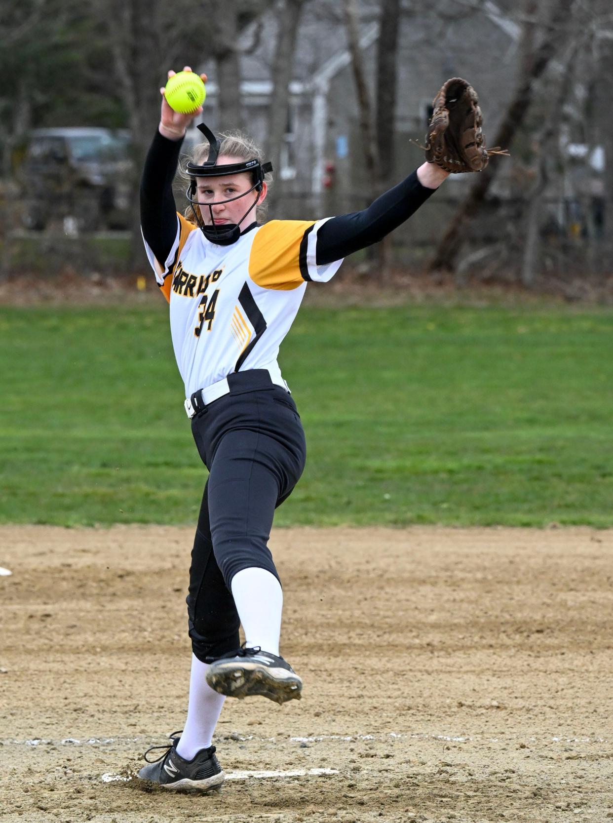 NORTH EASTHAM 04/05/24 Nauset pitcher Brynn Kew winds up to deliver against Upper Cape Tech. softball
Ron Schloerb/Cape Cod Times