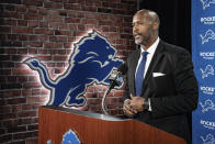 In a photo provided by the Detroit Lions, Detroit Lions general manager Brad Holmes speaks at the NFL football team's practice facility Tuesday, Jan. 19, 2021 in Allen Park, Mich. (Detroit Lions via AP)