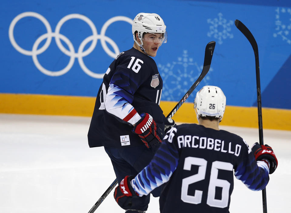 Ryan Donato (16), of the United States, celebrates with Mark Arcobello (26) after scoring a goal against Slovakia during the second period of the qualification round of the men’s hockey game at the 2018 Winter Olympics in Gangneung, South Korea, Tuesday, Feb. 20, 2018. (AP)
