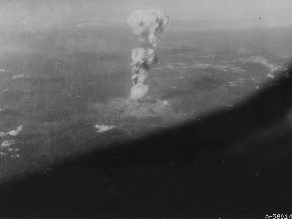 An aerial view of the mushroom cloud from the atomic bomb dropped on Hiroshima on August 6, 1945.