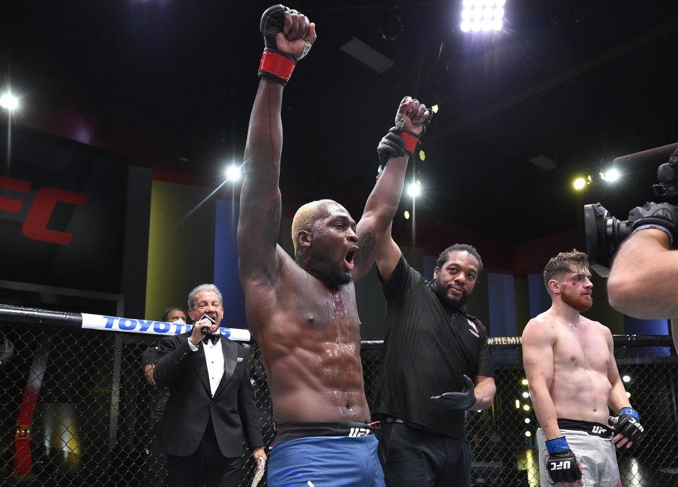 LAS VEGAS, NEVADA - AUGUST 01: Derek Brunson celebrates after his TKO victory over Edmen Shahbazyan in their middleweight fight during the UFC Fight Night event at UFC APEX on August 01, 2020 in Las Vegas, Nevada. (Photo by Chris Unger/Zuffa LLC via Getty Images)