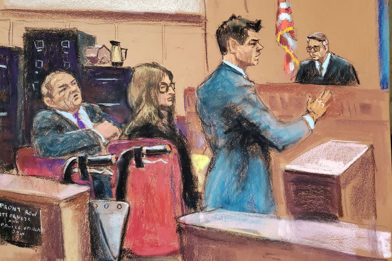 Defense lawyer Damon Cheronis gives arguments to Judge James Burke as film producer Harvey Weinstein and his attorney Donna Rotunno listen in New York