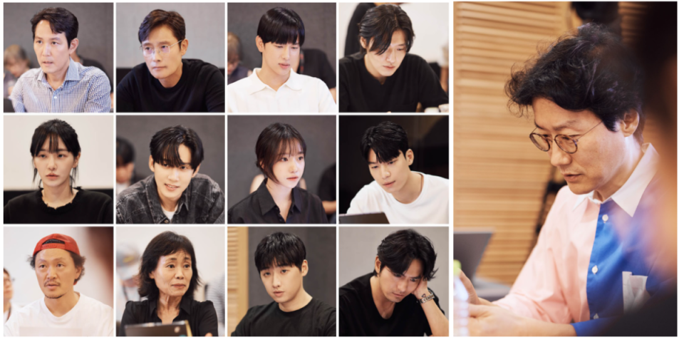 Top row (From left): Lee Jung-Jae, Lee Byung-Hun, Yim Si-Wan, Kang Ha-Neul Middle Row (From Left): Park Gyu-Young, Park Sung-Hoon, Jo Yu-Ri, Wi Ha-Jun Bottom Row (From Left): Yang Dong-Geun, Kang Ae-Sim, Lee David, Lee Jin-Uk Vertical Photo: Director Hwang Dong-Hyuk (Netflix)
