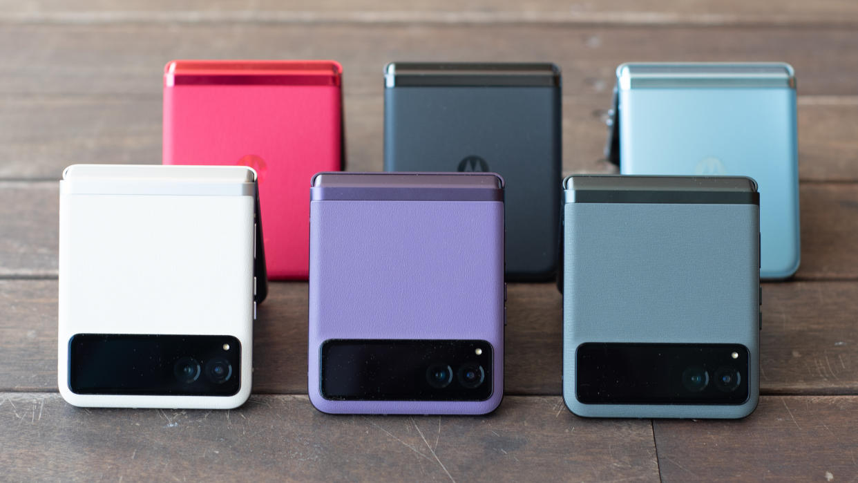  Motorola Razr 2023 family of devices showing every color, closed with vegan leather and cover display turned off 