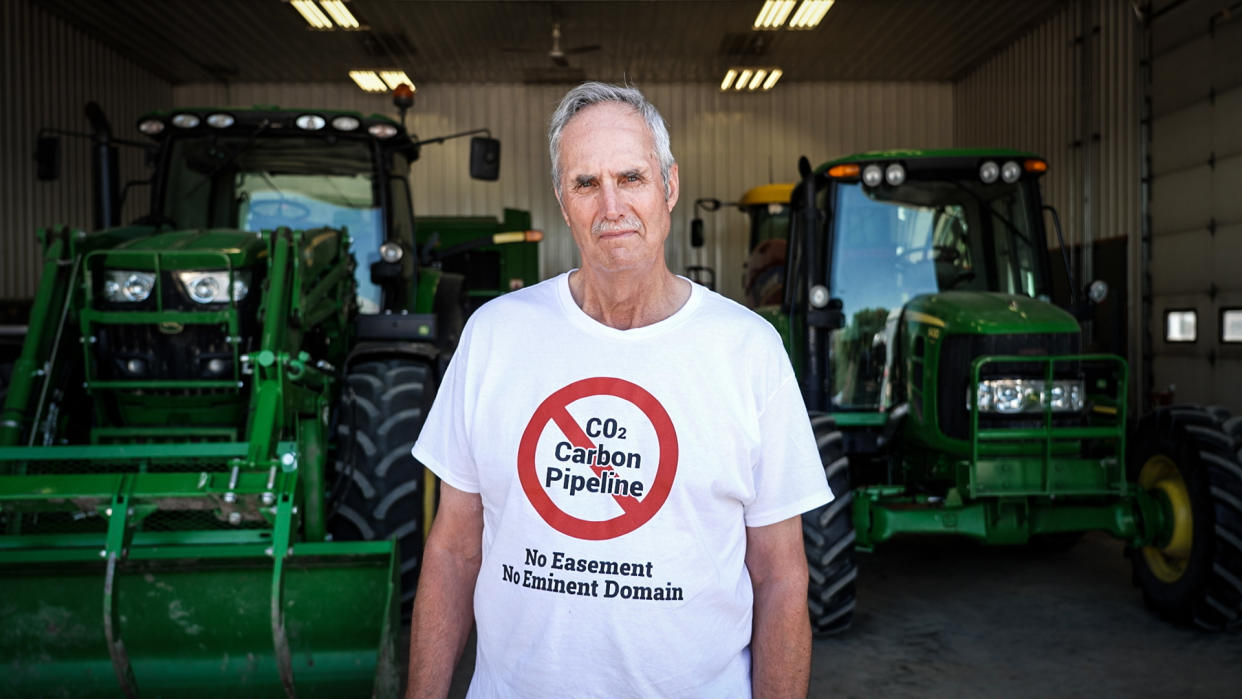 Ed Fischbach on his farm in Spink County, S.D., said no to the carbon pipeline on his land.  (NBC News)