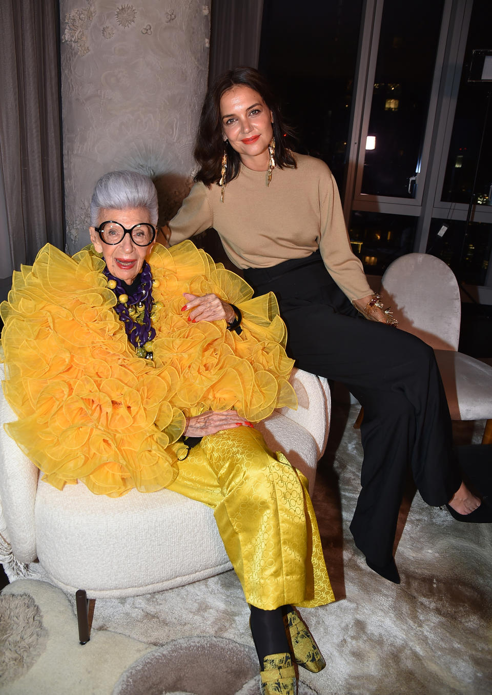 Iris Apfel and Katie Holmes attend Iris Apfel's 100th Birthday Party at Central Park Tower on September 09, 2021. (Patrick McMullan / Patrick McMullan via Getty Image)