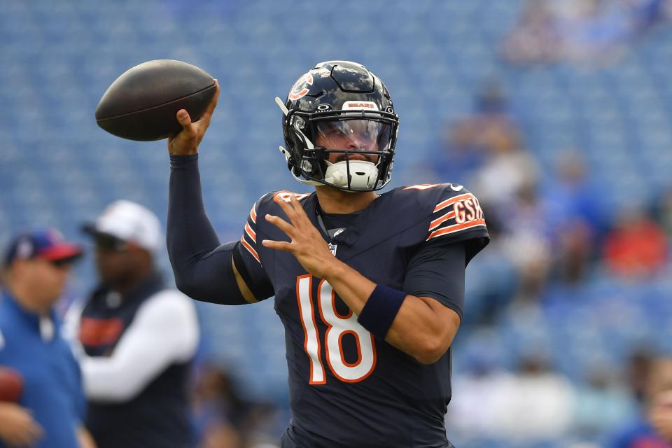 Chicago Bears quarterback Caleb Williams throws before his first preseason action against the Buffalo Bills. (AP Photo/Adrian Kraus)