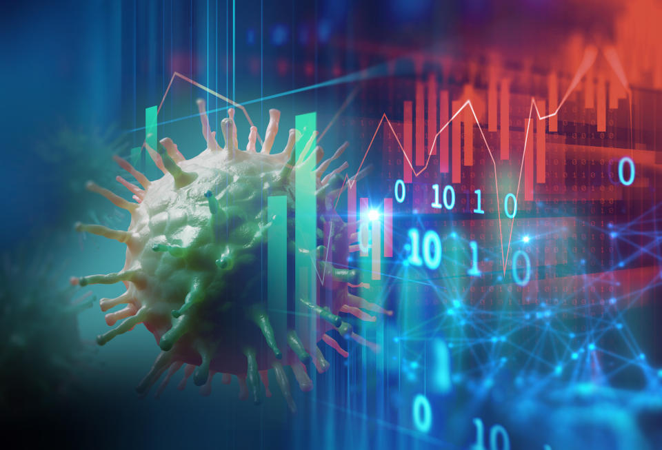 Down trend financial graph on nCov corona virus microscope image ,concept of economic crisis effect by covid -19 .3d illustration