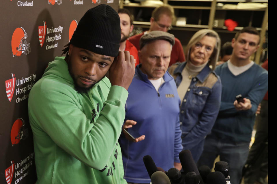 Cleveland Browns outside linebacker Christian Kirksey speaks to the media at the NFL football team's training camp facility, Monday, Dec. 30, 2019, in Berea, Ohio. Head coach Freddie Kitchens was dismissed shortly after the Browns returned to team headquarters following a 33-23 loss to the lowly Cincinnati Bengals. (AP Photo/Tony Dejak)