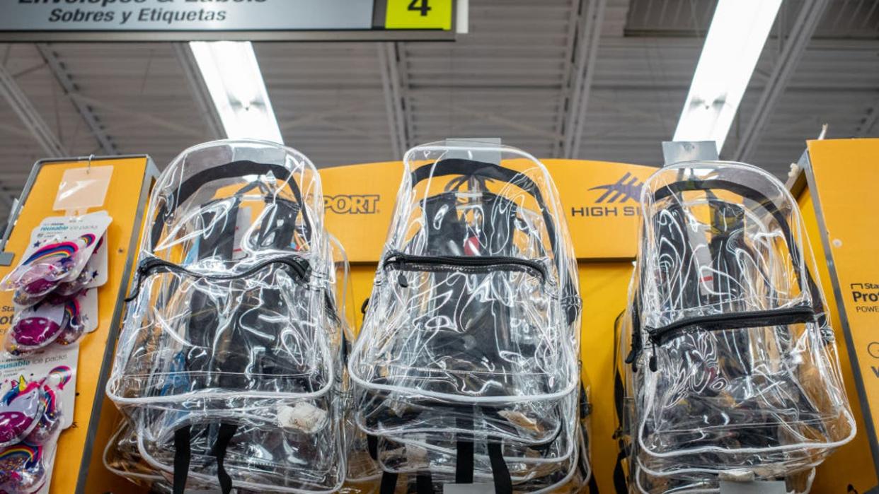 <div>HOUSTON, TEXAS - JULY 25: Clear backpacks are dispayed in a Staples office equipment store on July 25, 2022 in Houston, Texas. School districts around Texas have begun requiring students to use clear backpacks following the school shooting at Robb Elementary School in Uvalde, Texas. (Photo by Brandon Bell/Getty Images)</div>