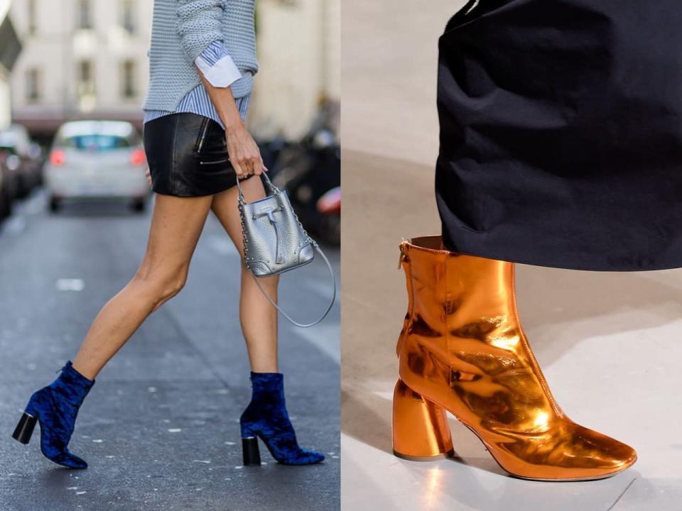 Untenrum wird’s sowohl bequem als auch sexy: Ankle Boots mit Blockabsätzen sind aus dem Schuhschrank nicht mehr wegzudenken. Im Metallic- oder Samt-Look sind sie derzeit besonders gefragt. (Bilder: Getty Images)