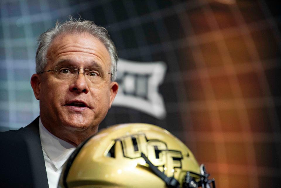 UCF head football coach Gus Malzahn answers questions from reporters at the NCAA college football Big 12 media days in Arlington, Texas, Thursday, July 13, 2023.(AP Photo/Emil T. Lippe)