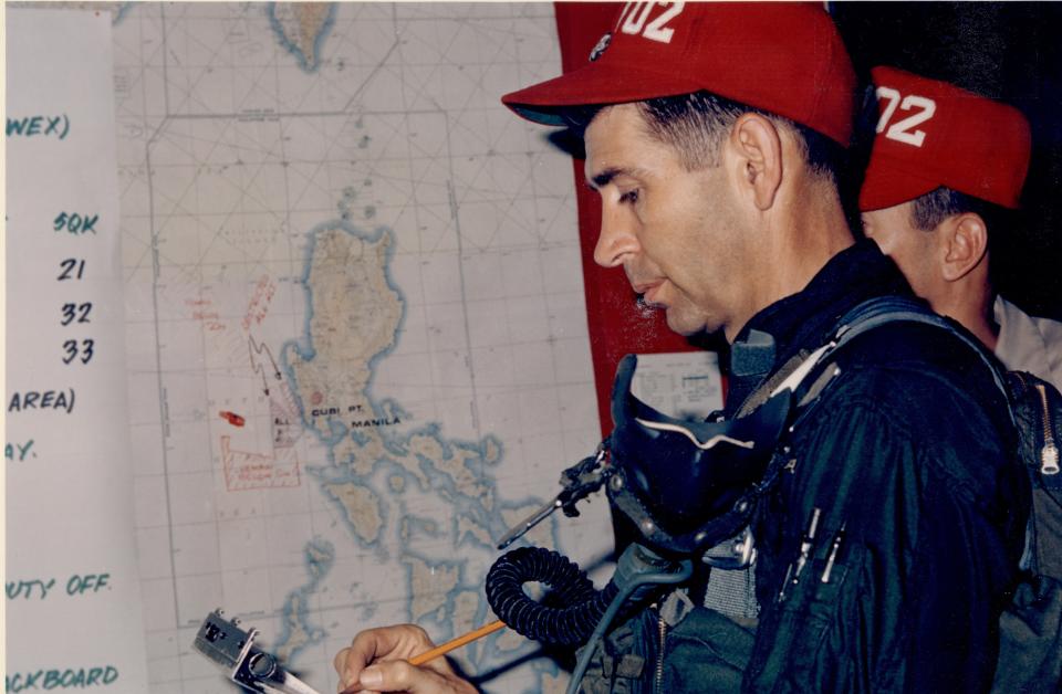 Gene Wilber aboard the USS America preparing for a flight in  May 1968, one month before his plane was shot down.