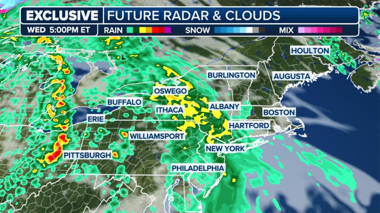 <div>A look at the future radar and clouds in the Northeast for the time shown at the upper left. <strong>(FOX Weather)</strong></div>