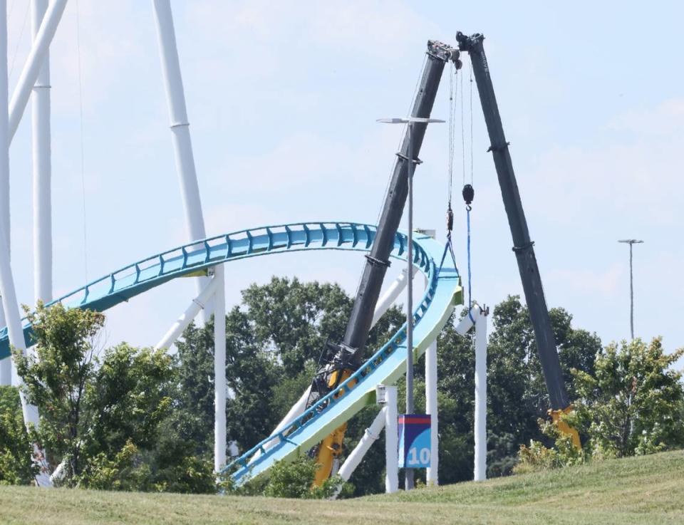 A second crack or break was found on Fury 325 at Carowinds, N.C. Department of Labor said. Shown, workers on July 12, 2023, remove the first cracked support column found in the roller coasters.